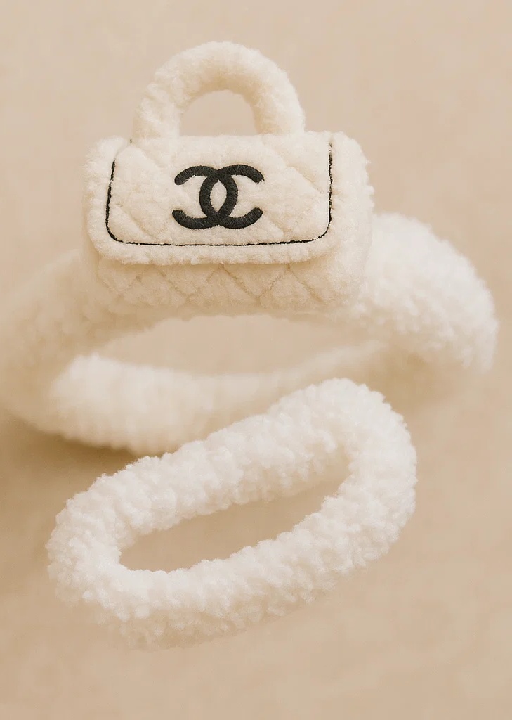 White Chanel Plush Doll Bag Headband for Newborns and Infants - Stylish Baby Accessory