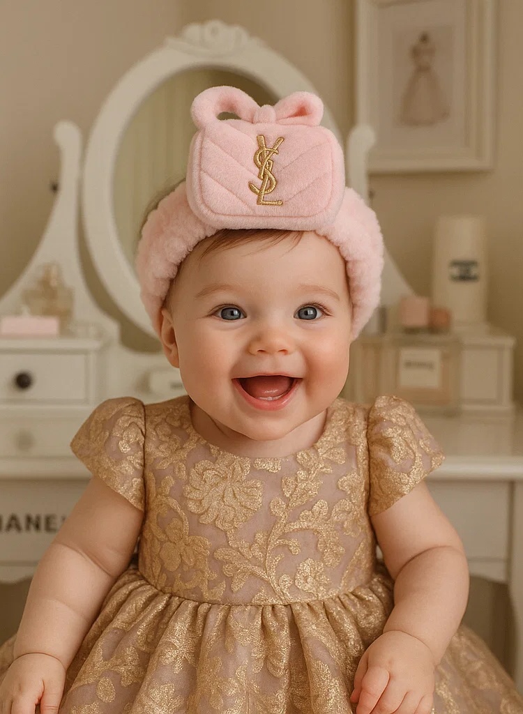 Pink YSL Plush Doll Bag Headband for Newborns and Infants - Stylish Baby Accessory