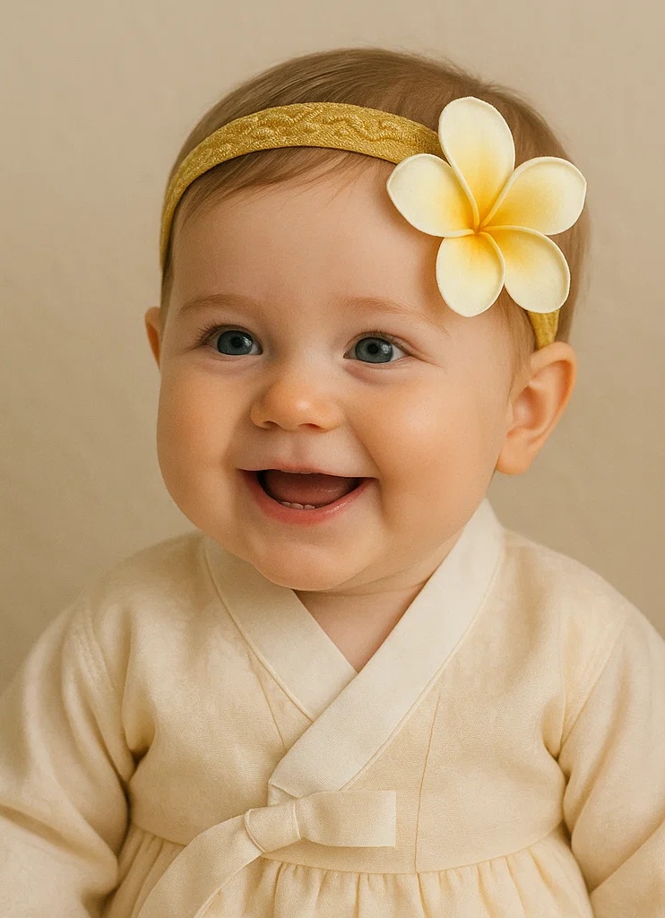 Faixa de cabeça de bebê de pelúcia feita à mão com bordado de flor de plumeria amarela e branca – Macia e elegante para bebês e crianças pequenas