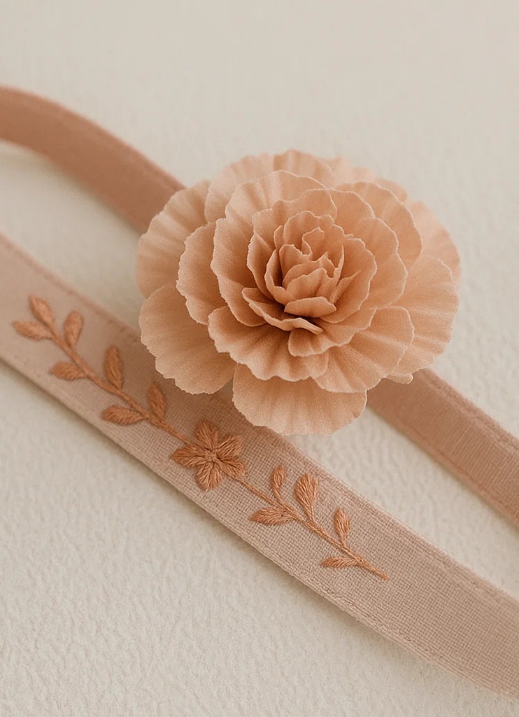 Handmade Plush Baby Headband with Nude Pink Carnation Embroidery