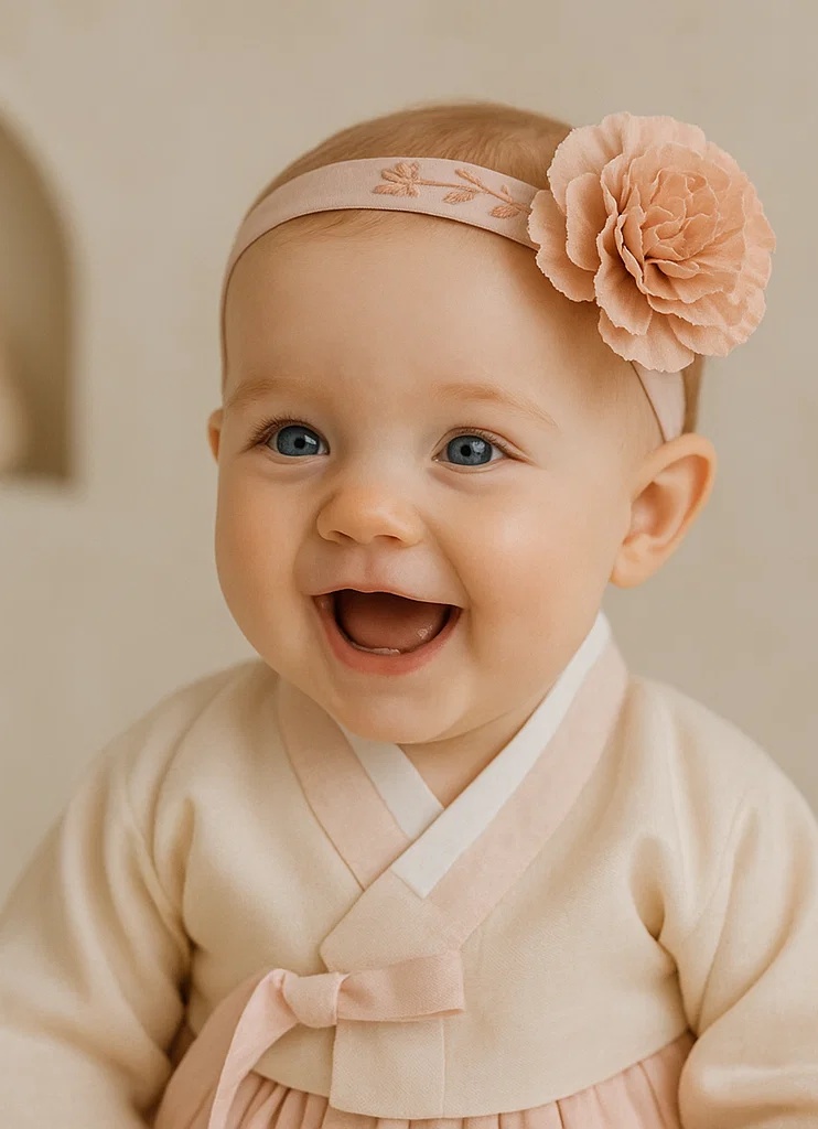 Handmade Plush Baby Headband with Nude Pink Carnation Embroidery