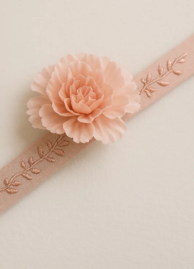 Bandeau pour bébé en peluche fait main avec broderie de œillet rose nude – Doux et élégant pour nourrissons et tout-petits