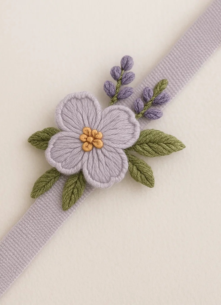 Handmade Plush Baby Headband with Lavender Flower Embroidery – Soft & Stylish for Infants and Toddlers