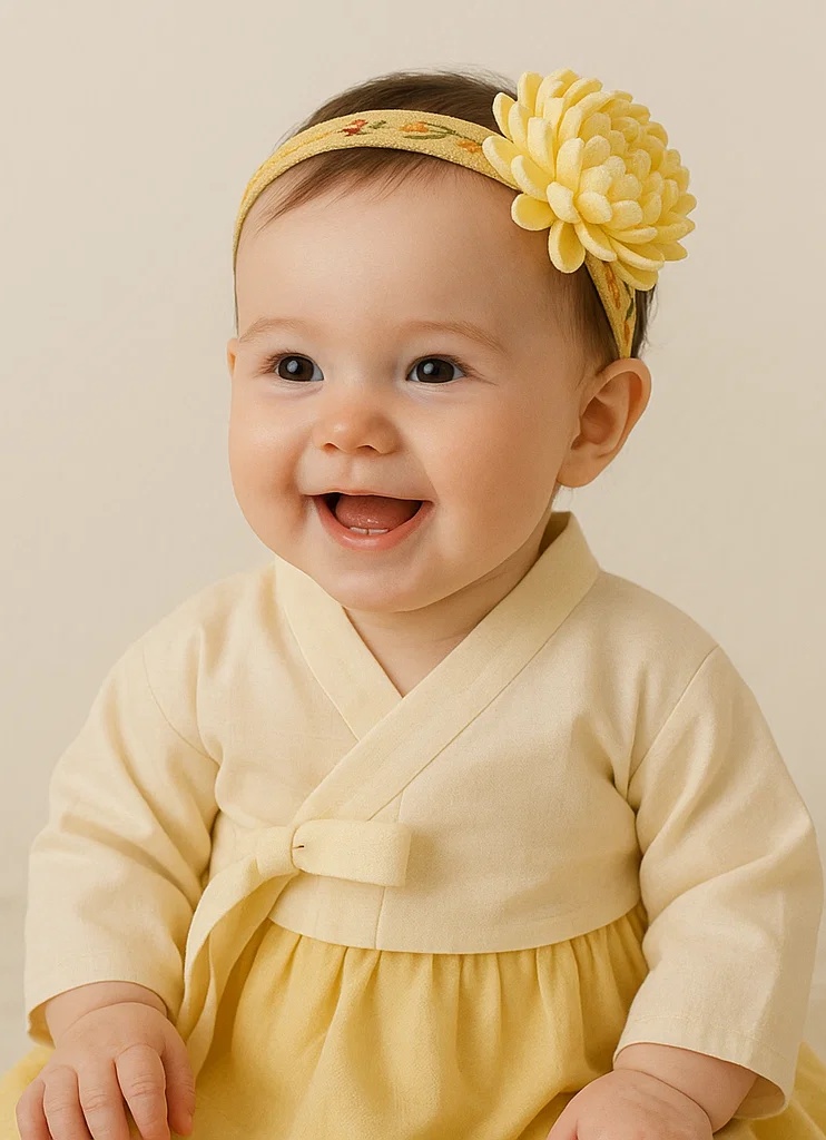 Bandeau bébé floral brodé jaune avec fleur amovible
