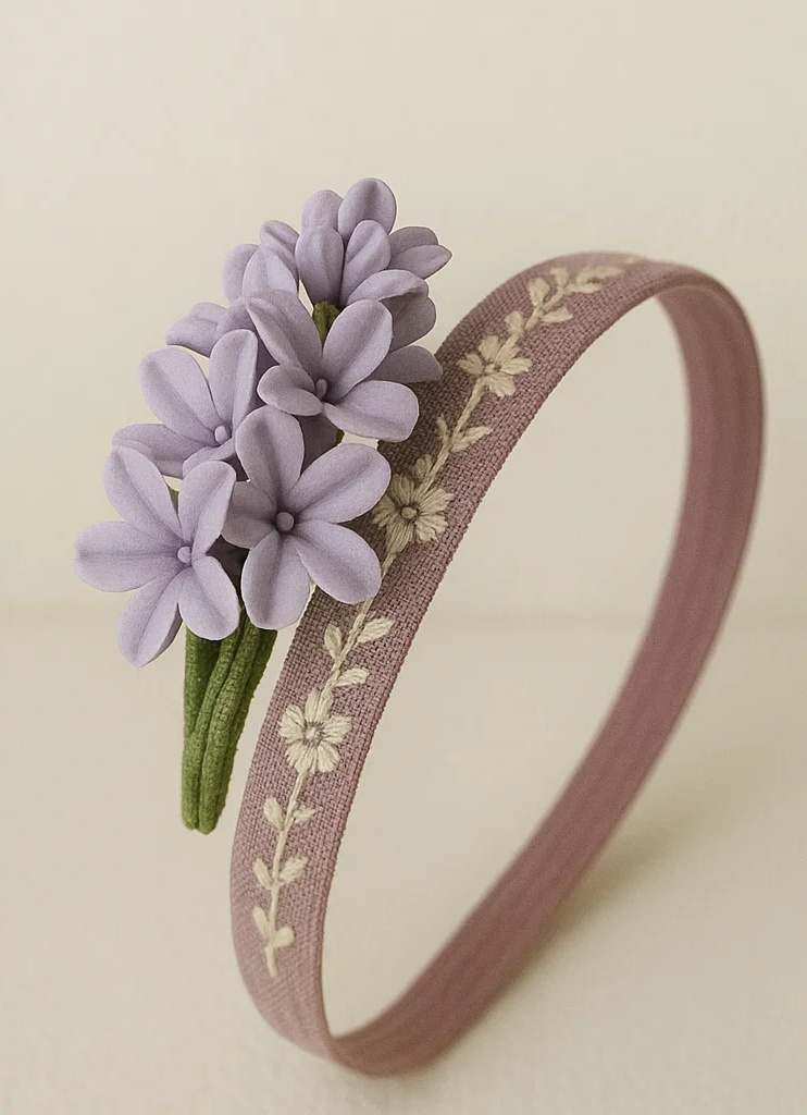 Ručně vyráběná plyšová dětská čelenka s vyšívanými fialkovými hyacinty