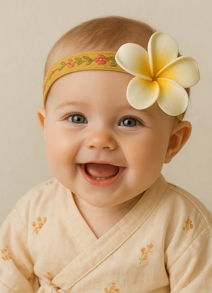 Diadema de bebé de felpa hecha a mano con bordado de flor de plumeria amarilla y blanca – Suave y elegante para bebés y niños pequeños