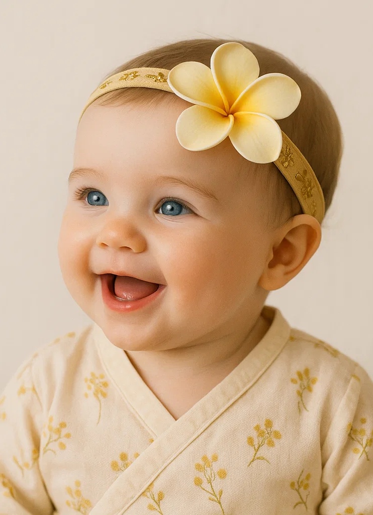 Bandă pentru cap de bebe galbenă cu broderie de plumeria și floare detașabilă