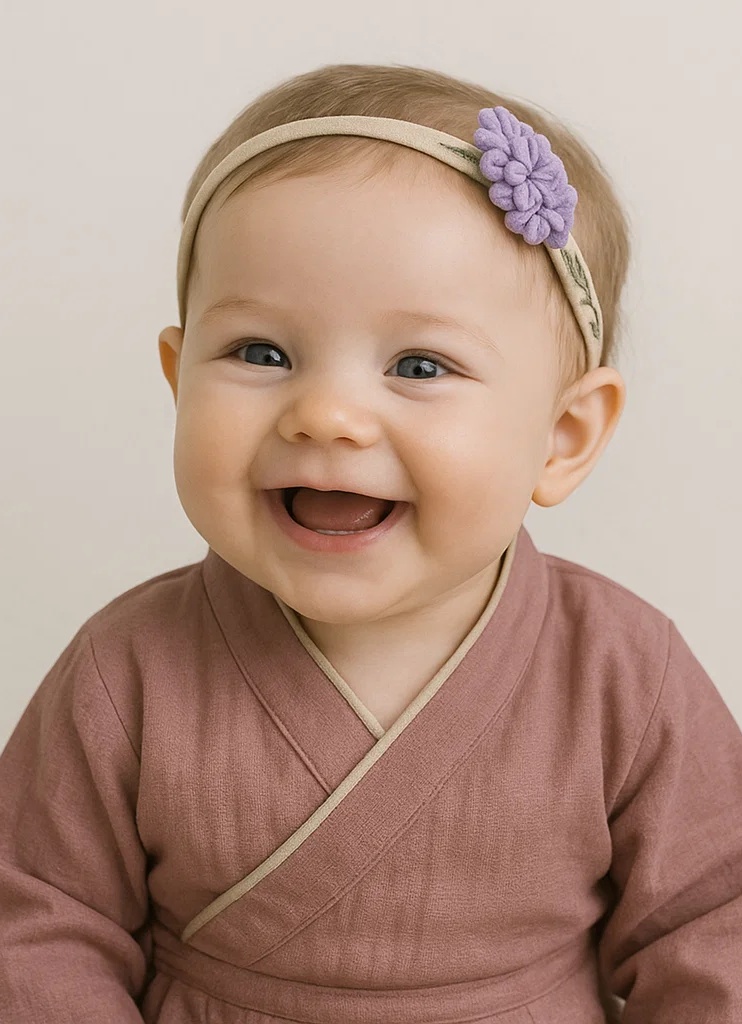 Bandeau pour bébé en peluche fait main avec broderie de jacinthe violette