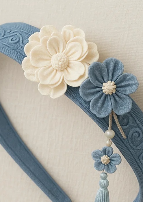 Diadema azul bebé hecha a mano con ramo de flores crema – cinta de pelo suave y elegante para recién nacidos y niños pequeños