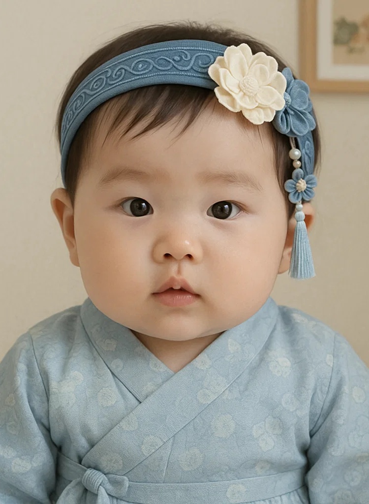 Diadema azul bebé hecha a mano con ramo de flores crema – cinta de pelo suave y elegante para recién nacidos y niños pequeños