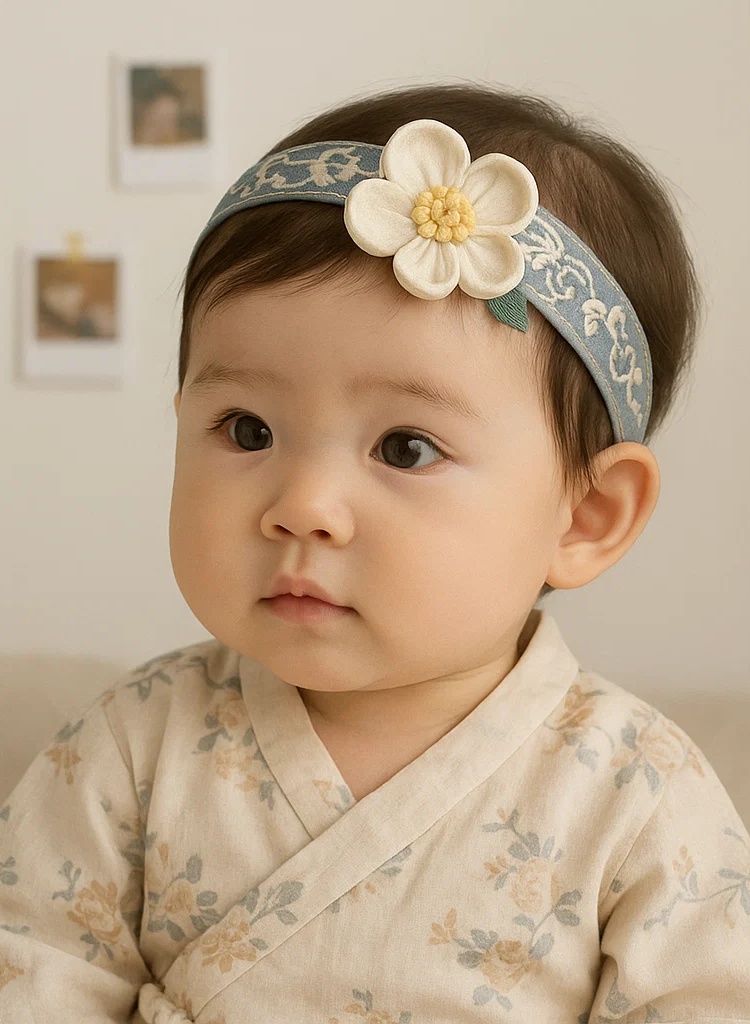 Bandeau bébé bleu fait main avec bouquet de fleurs crème – serre-tête doux et élégant pour nouveau-nés et tout-petits