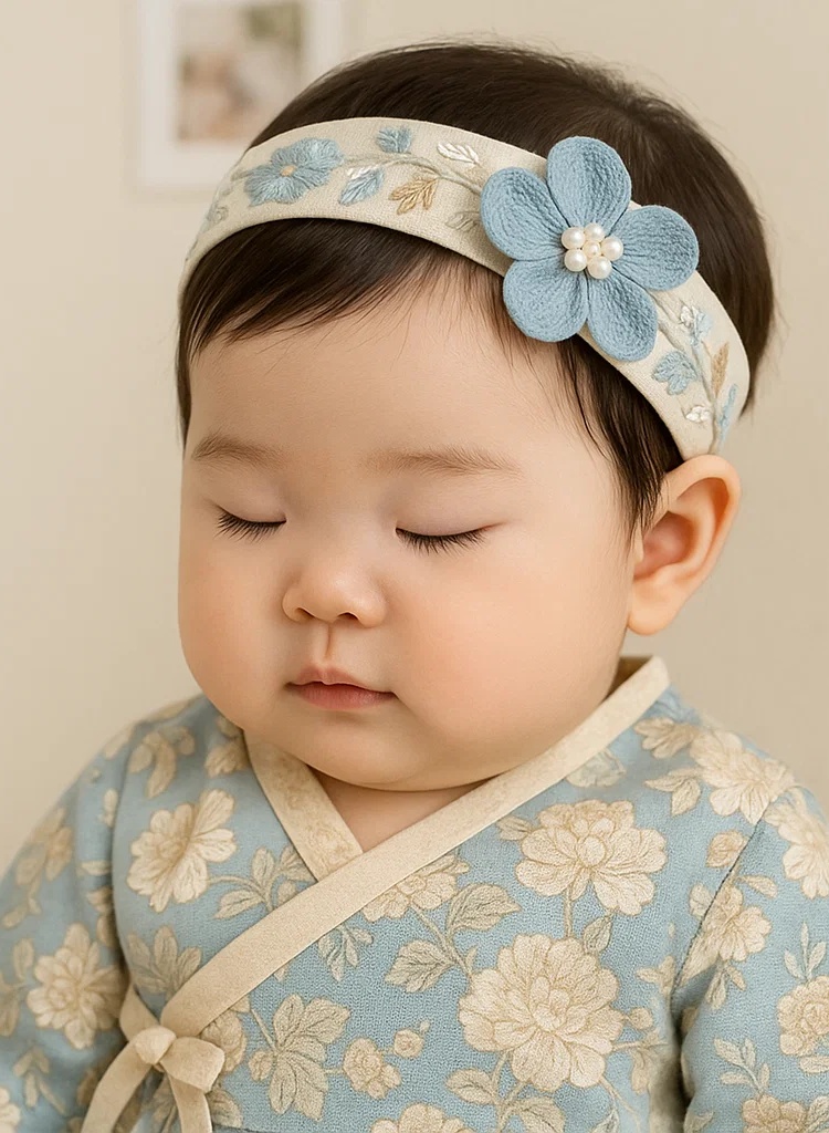 Faixa de cabelo azul bebê artesanal com flores creme – tiara suave e elegante para recém-nascidos e bebês