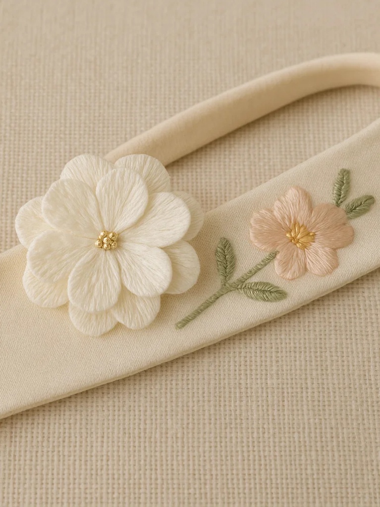 Embroidered Double Flower Baby Headband – Cream Handmade Soft Floral Hairband