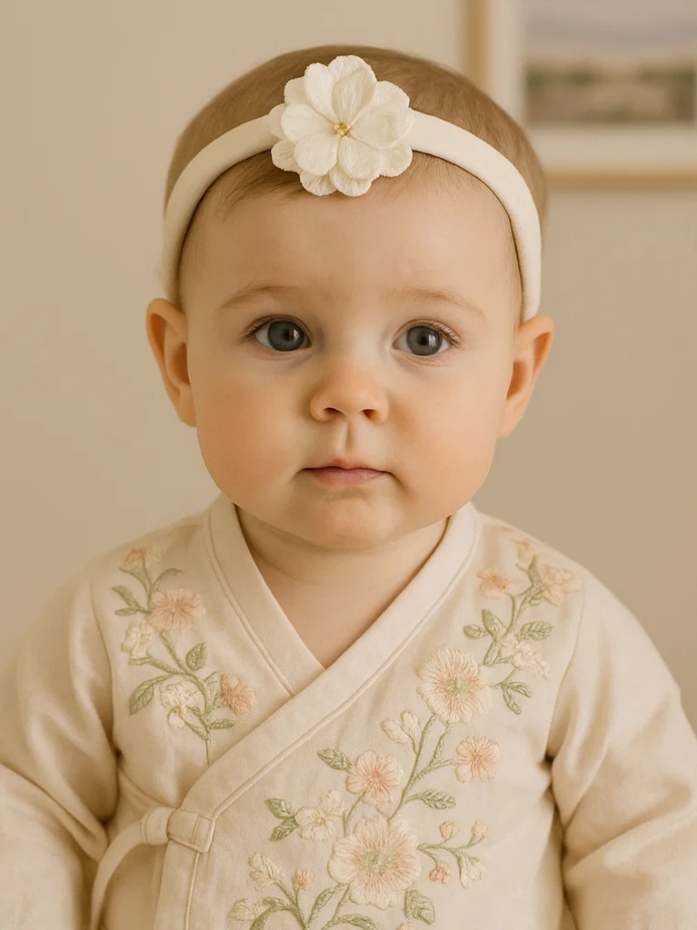 Embroidered Double Flower Baby Headband – Cream Handmade Soft Floral Hairband