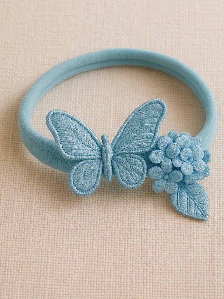 Diadema para bebé azul con mariposa y tres flores – Banda de pelo suave hecha a mano con cuentas colgantes