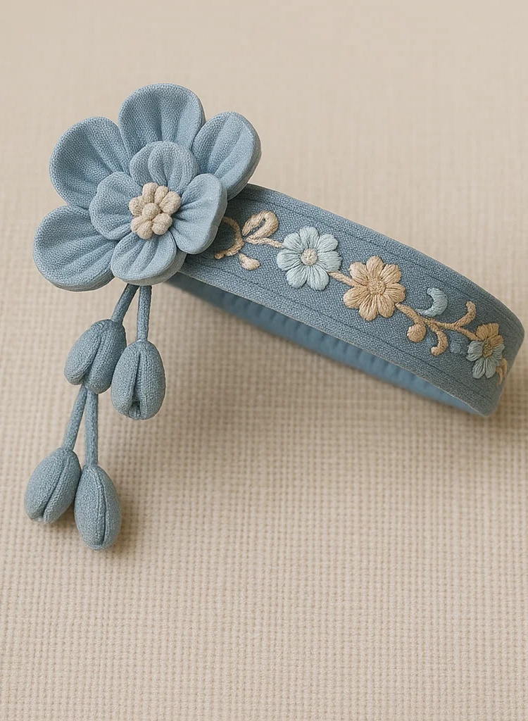Faixa de cabelo azul clara para bebê com flor 3D e faixa bordada