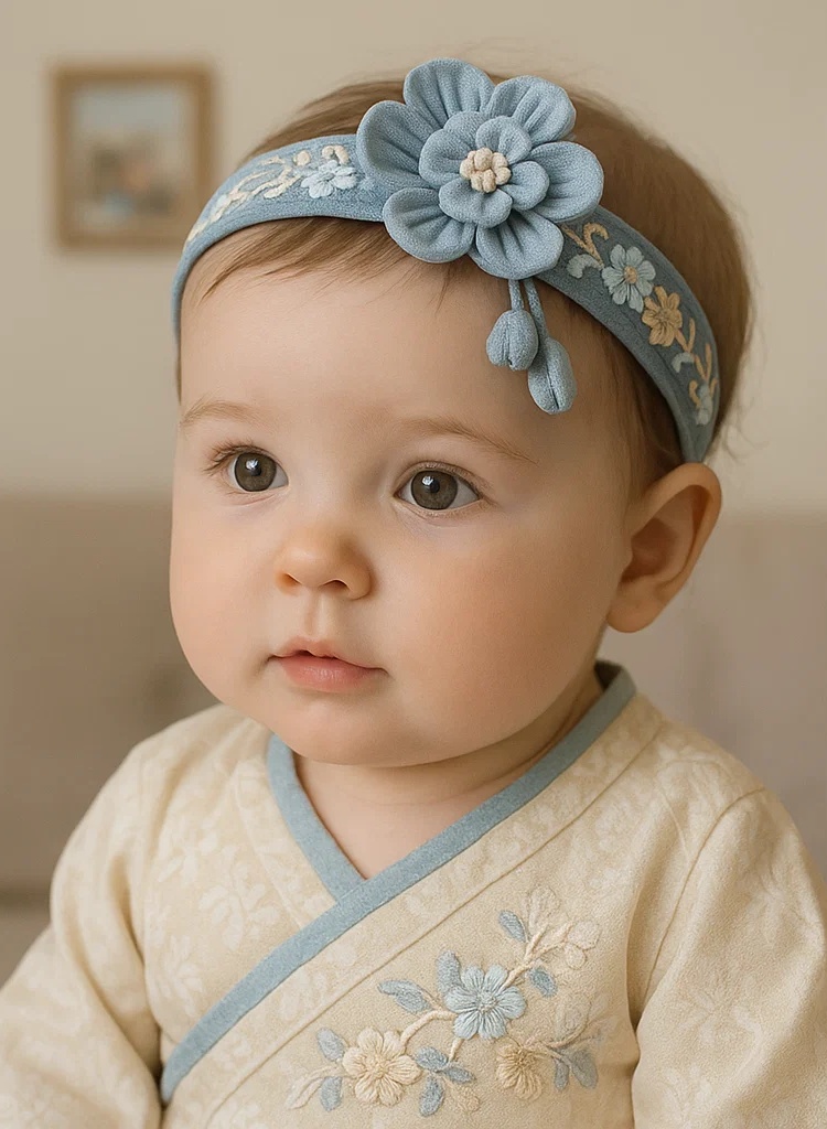 Faixa de cabelo azul clara para bebê com flor 3D e faixa bordada