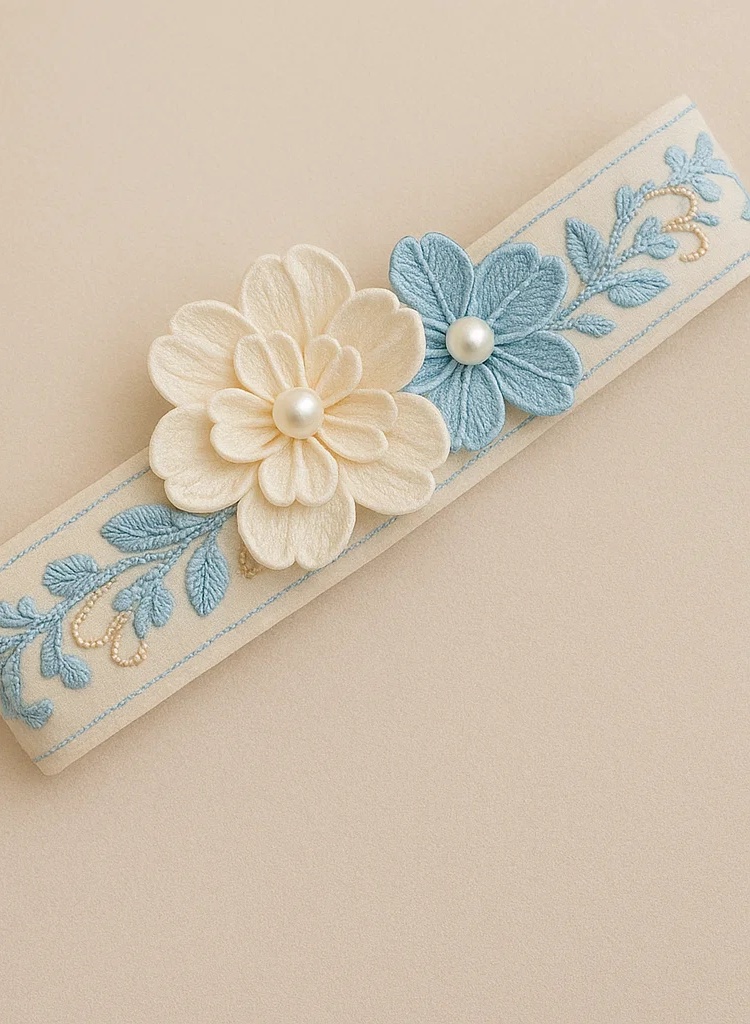 Handmade Blue Baby Headband with Cream & Blue Flowers and Tassel – Vintage Floral Newborn & Toddler Hairband