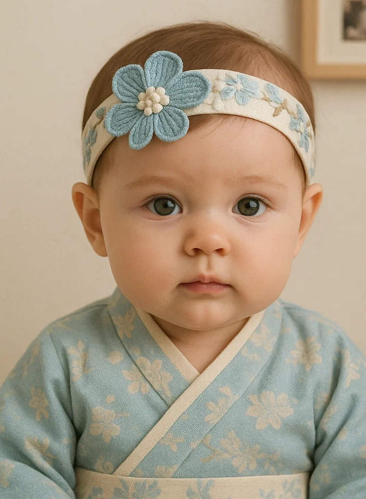 Bandeau bébé bleu clair avec fleur 3D et bande brodée