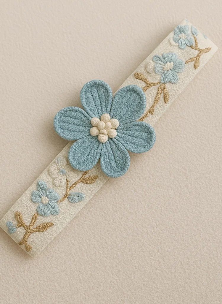 Bandeau bébé bleu clair avec fleur 3D et bande brodée