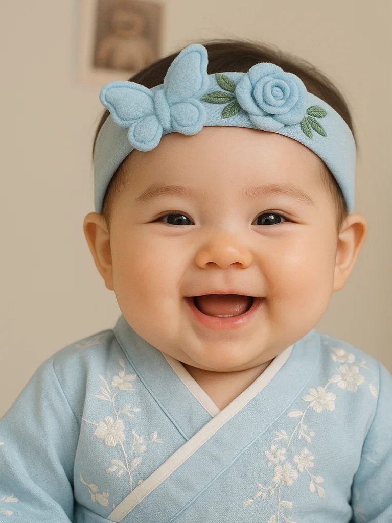 Tiara de Bebê Azul com Borboleta e Três Flores – Faixa de Cabelo Macia Feita à Mão com Contas Pendentes