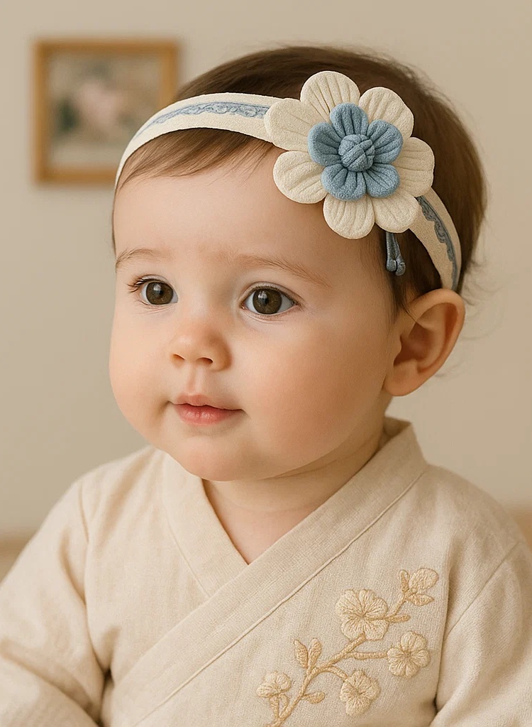 Handmade Baby Blue Embroidered Headband with 3D White Blossom – Soft Floral Hairband for Newborns & Toddlers