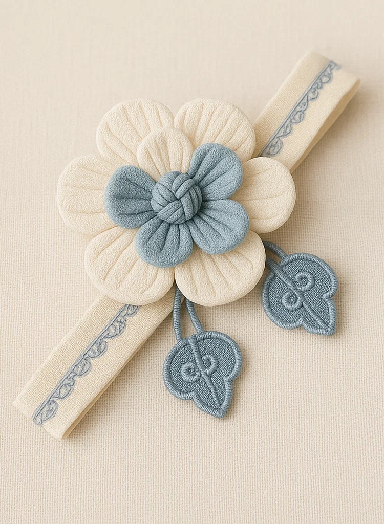 Handmade Baby Blue Embroidered Headband with 3D White Blossom – Soft Floral Hairband for Newborns & Toddlers
