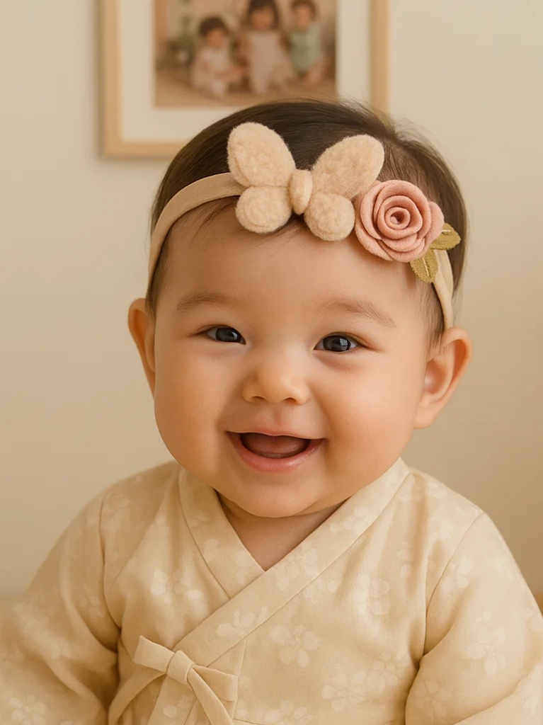 Tiara de Bebê Pêssego com Borboleta e Flor – Faixa de Cabelo de Pelúcia Feita à Mão para Recém-nascidos