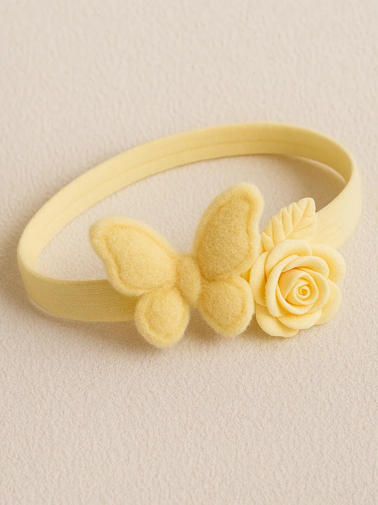 Soft Yellow Butterfly & Rose Baby Headband – Plush Handmade Hairband with Hanging Flowers