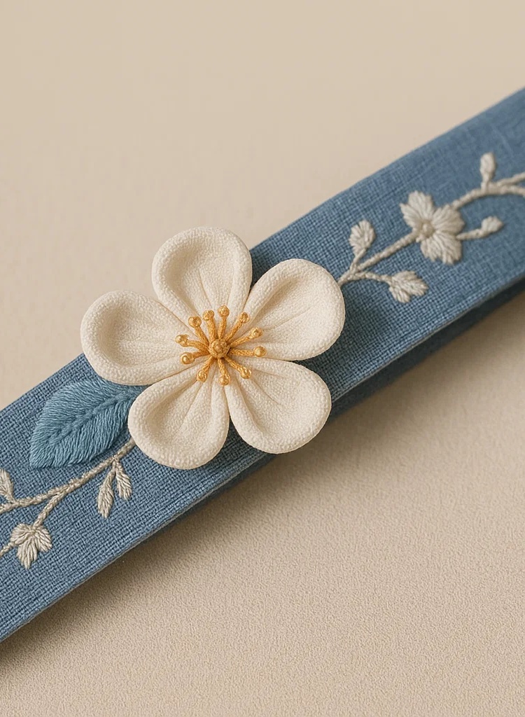 Handmade Baby Blue Headband with 3D Cream Flower – Soft Embroidered Floral Hairband for Newborns & Toddlers