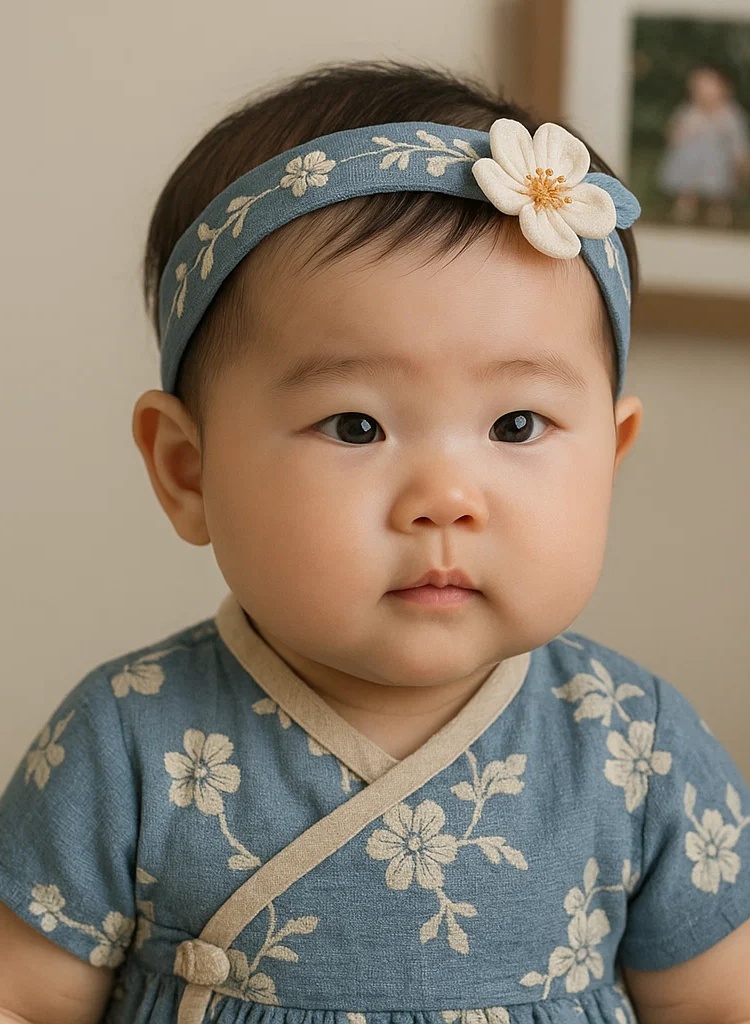 Handmade Baby Blue Headband with 3D Cream Flower – Soft Embroidered Floral Hairband for Newborns & Toddlers