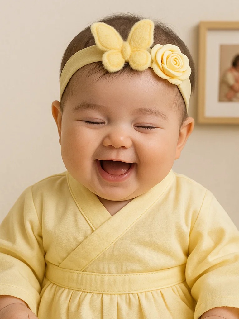 Soft Yellow Butterfly & Rose Baby Headband – Plush Handmade Hairband with Hanging Flowers