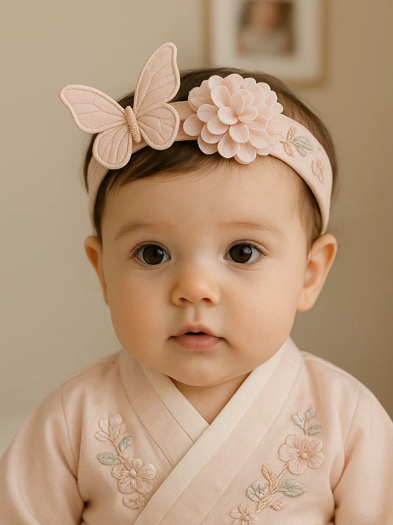 Soft Peach Butterfly & Flower Baby Headband – Handmade Plush Newborn Hairband
