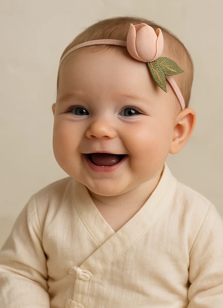 Pink Tulip Embroidered Baby Headband with Detachable Flower
