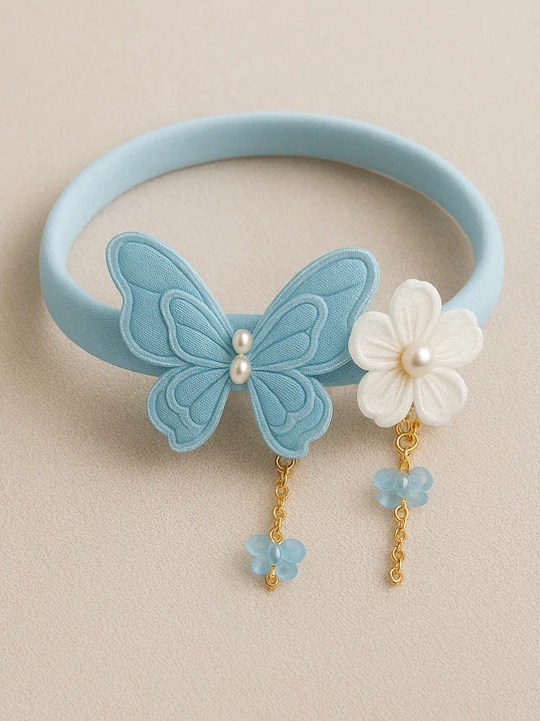 Blaues Baby-Stirnband mit Schmetterling und drei Blumen – Handgemachtes weiches Stirnband mit baumelnden Perlen