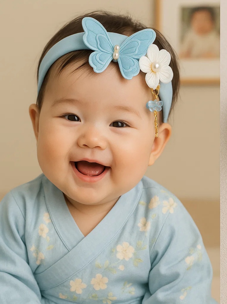 Blaues Baby-Stirnband mit Schmetterling und drei Blumen – Handgemachtes weiches Stirnband mit baumelnden Perlen