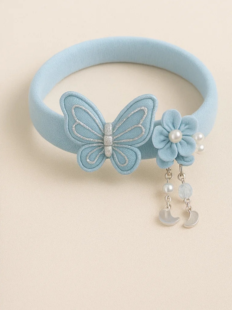 Blue Butterfly & Flower Baby Headband – Handmade Hairband with Moon and Pearl Charms