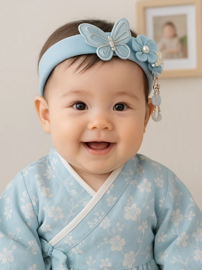 Blue Butterfly & Flower Baby Headband – Handmade Hairband with Moon and Pearl Charms