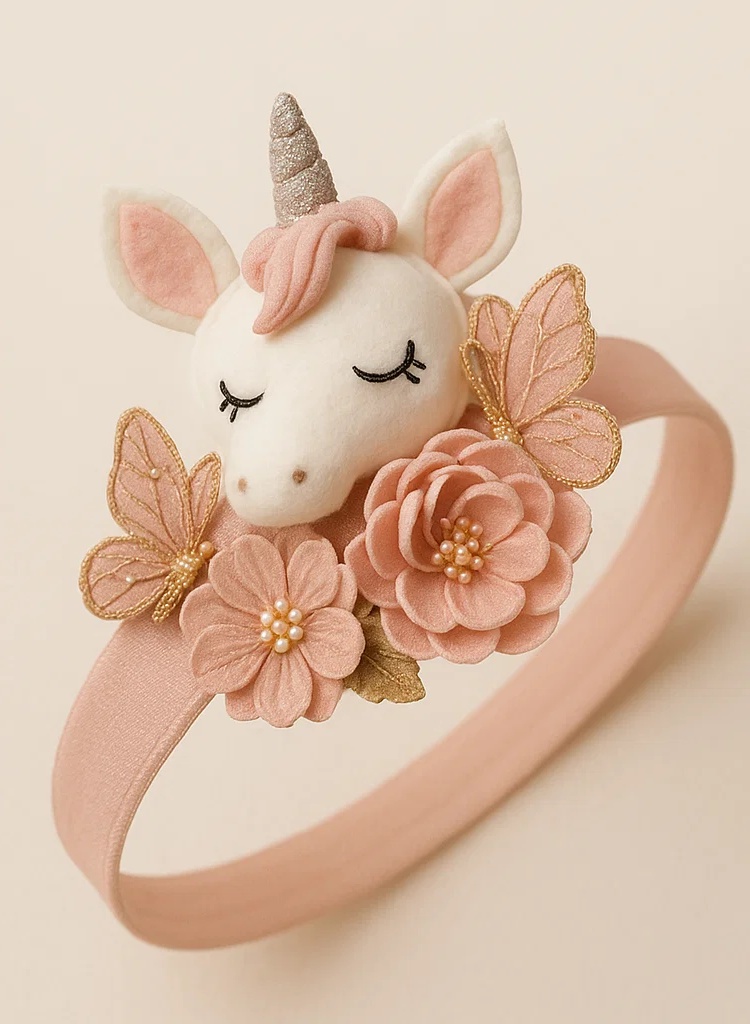 Bandeau bébé licorne en peluche fait main avec fleurs détachables – doux, confortable et adorable pour nouveau-nés et tout-petits