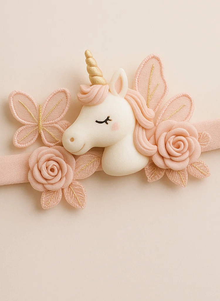 Handgemachtes Plüsch-Stirnband mit Einhorn und abnehmbaren Blumen – weich, bequem & bezaubernd für Neugeborene und Kleinkinder