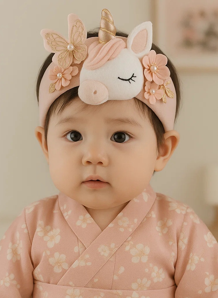 Diadema de unicornio de peluche hecha a mano con flores desmontables – suave, cómoda y adorable para recién nacidos y niños pequeños