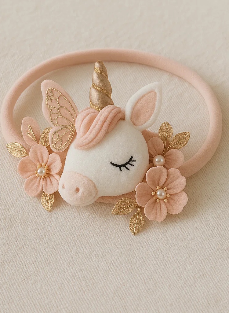 Diadema de unicornio de peluche hecha a mano con flores desmontables – suave, cómoda y adorable para recién nacidos y niños pequeños