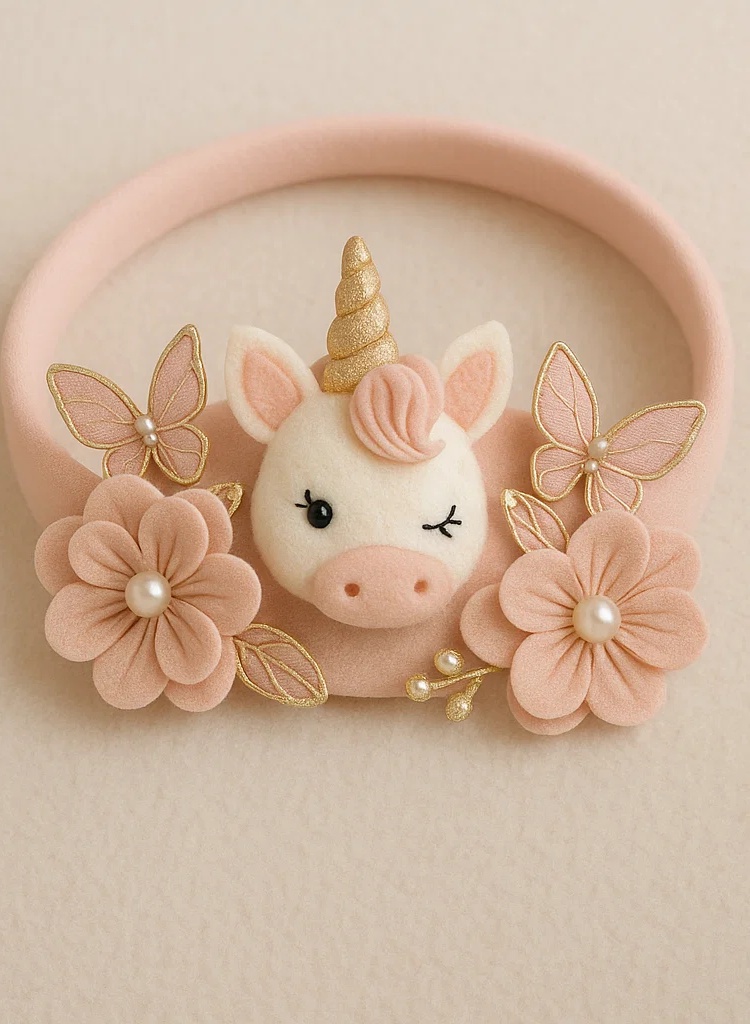 Tiara de Unicórnio de Pelúcia Feita à Mão com Flores Removíveis – Macia, Confortável e Fofa para Recém-nascidos e Bebês