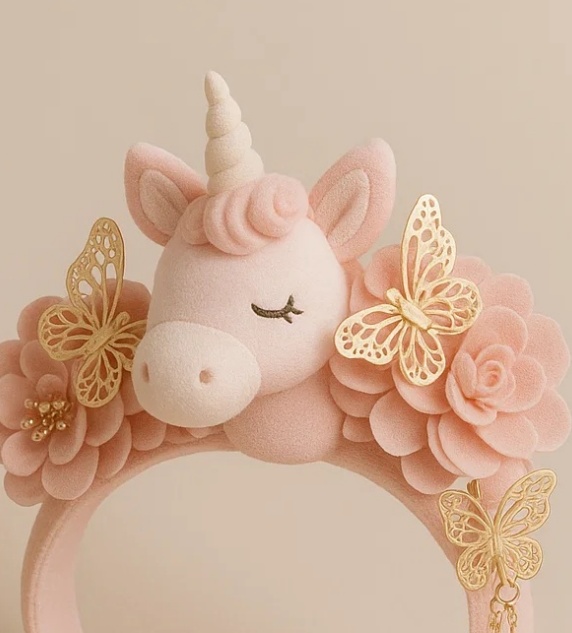 Bentiță pentru bebeluși din pluș, lucrată manual, cu unicorn și flori detașabile – moale, confortabilă și adorabilă pentru nou-născuți și copii mici