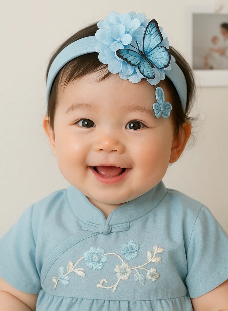 Faixa de cabelo azul celeste para bebê com borboleta, franjas e bordado floral