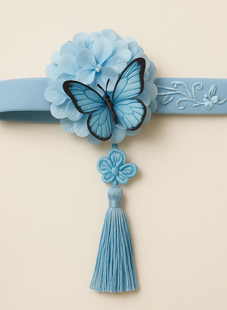 Faixa de cabelo azul celeste para bebê com borboleta, franjas e bordado floral
