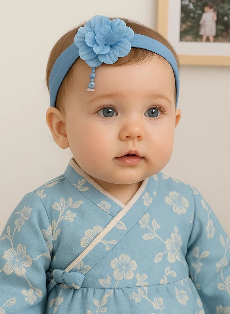 Handmade Blue Baby Headband with Flowers and Tassel – Vintage Floral Newborn & Toddler Hairband