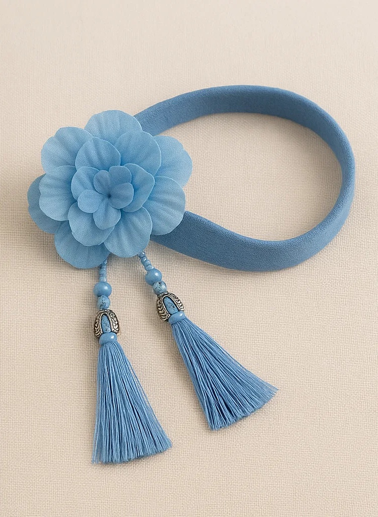 Handgemachtes besticktes Blumen-Stirnband für Babys – Elegantes blau-cremefarbenes Design