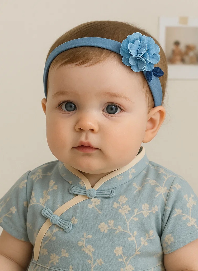 Handgemachtes besticktes Blumen-Stirnband für Babys – Elegantes blau-cremefarbenes Design