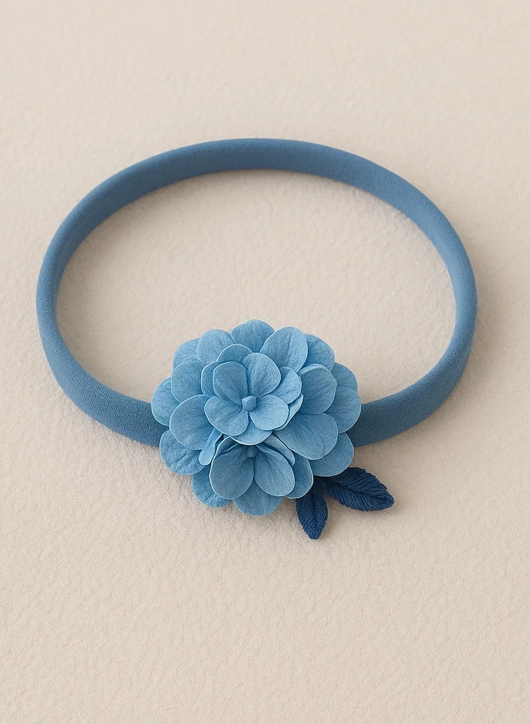 Handmade Blue Baby Headband with Flowers and Tassel – Vintage Floral Newborn & Toddler Hairband